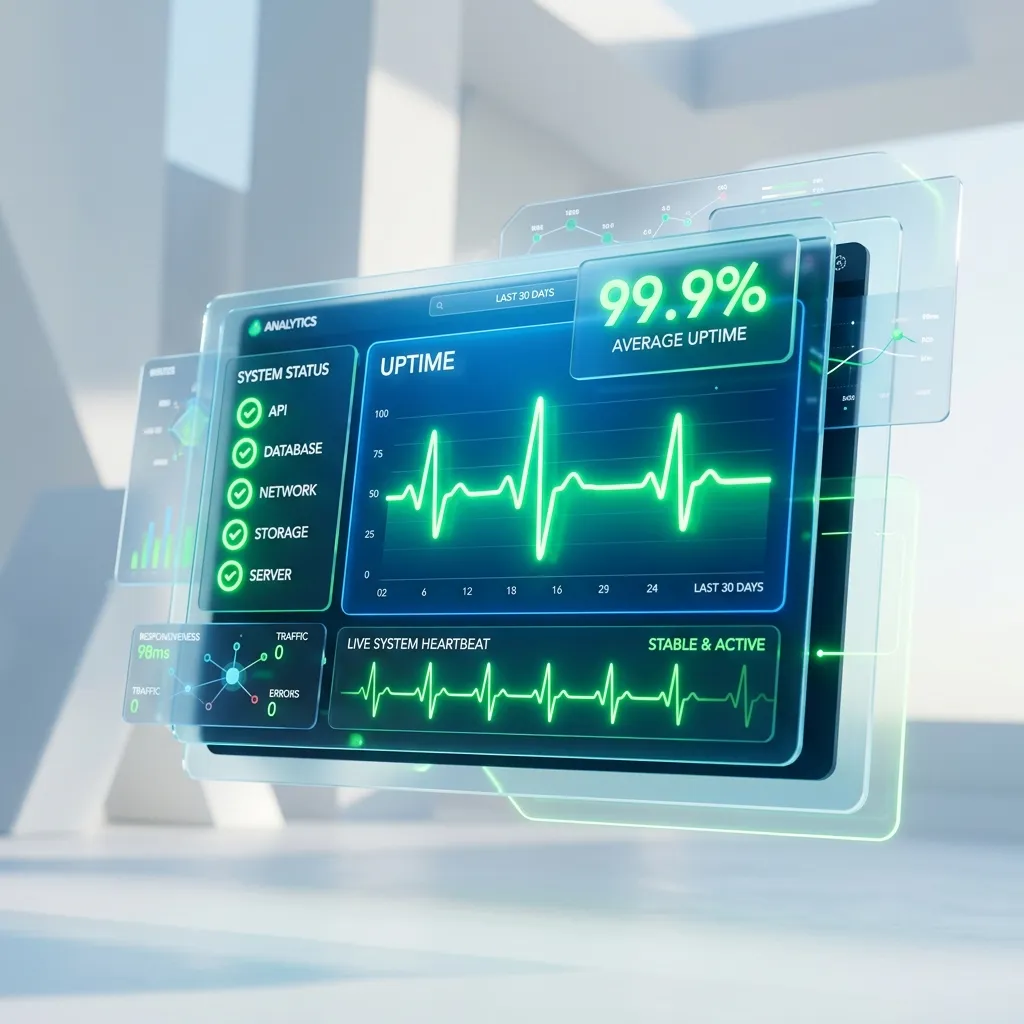Modern 3D analytics dashboard showing 99.9% website uptime with green glowing status indicators