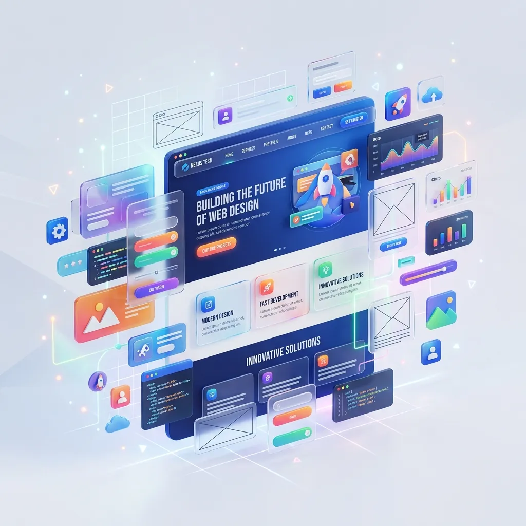 Custom built web design wireframes and UI elements floating in a modern 3D composition