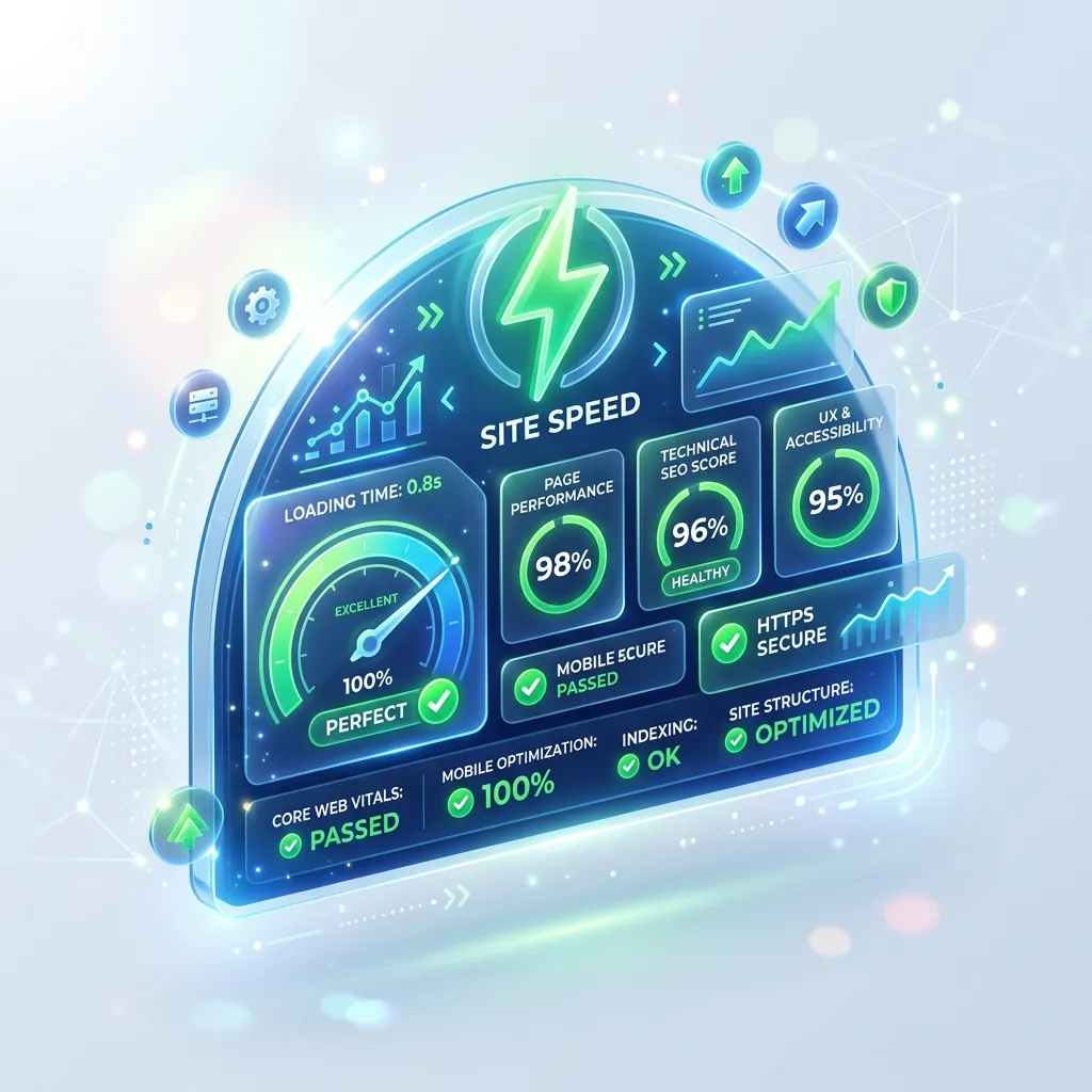 Technical website performance dashboard showing lightning fast load speeds and perfect SEO scores